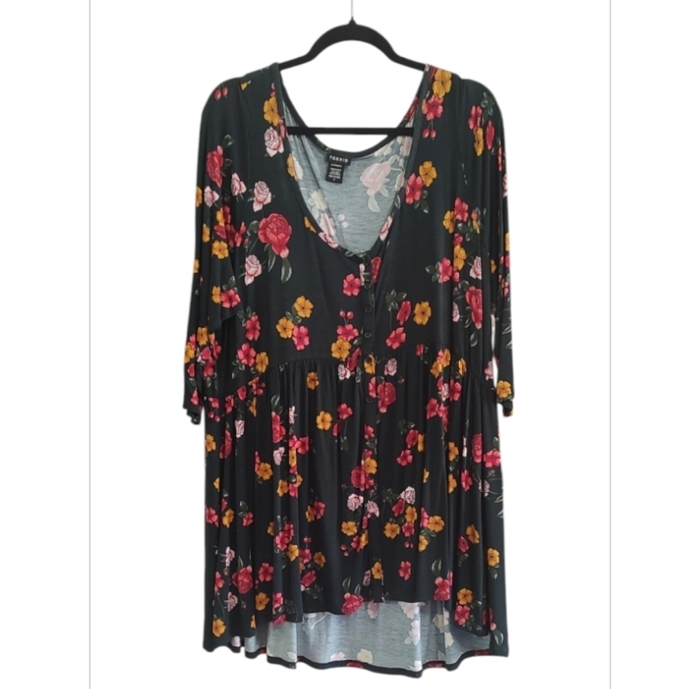 Torrid Black Floral Button Down 3/4 Sleeve Hi-Low Top Size 2X